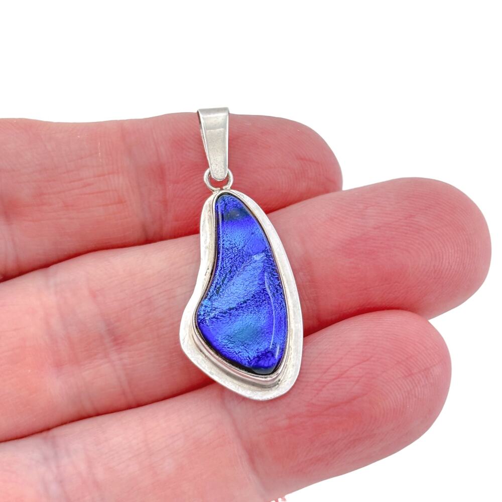 Vintage Sterling Silver 925 Blue Dichroic Glass Pendant